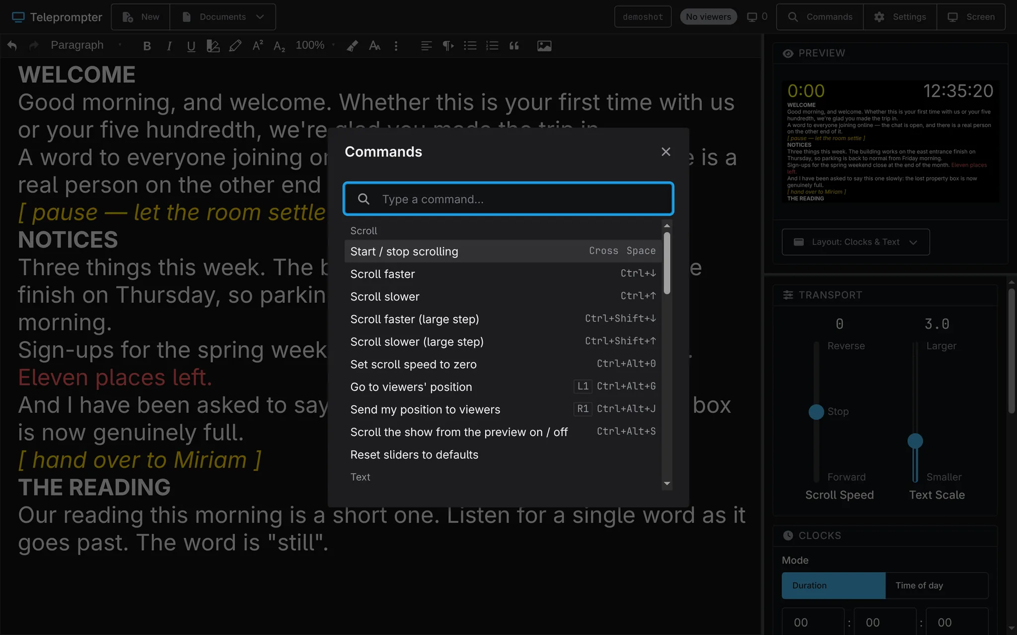 The command palette open over the control page, listing scroll commands beside their keyboard shortcuts and, for two of them, the game controller button that fires them.