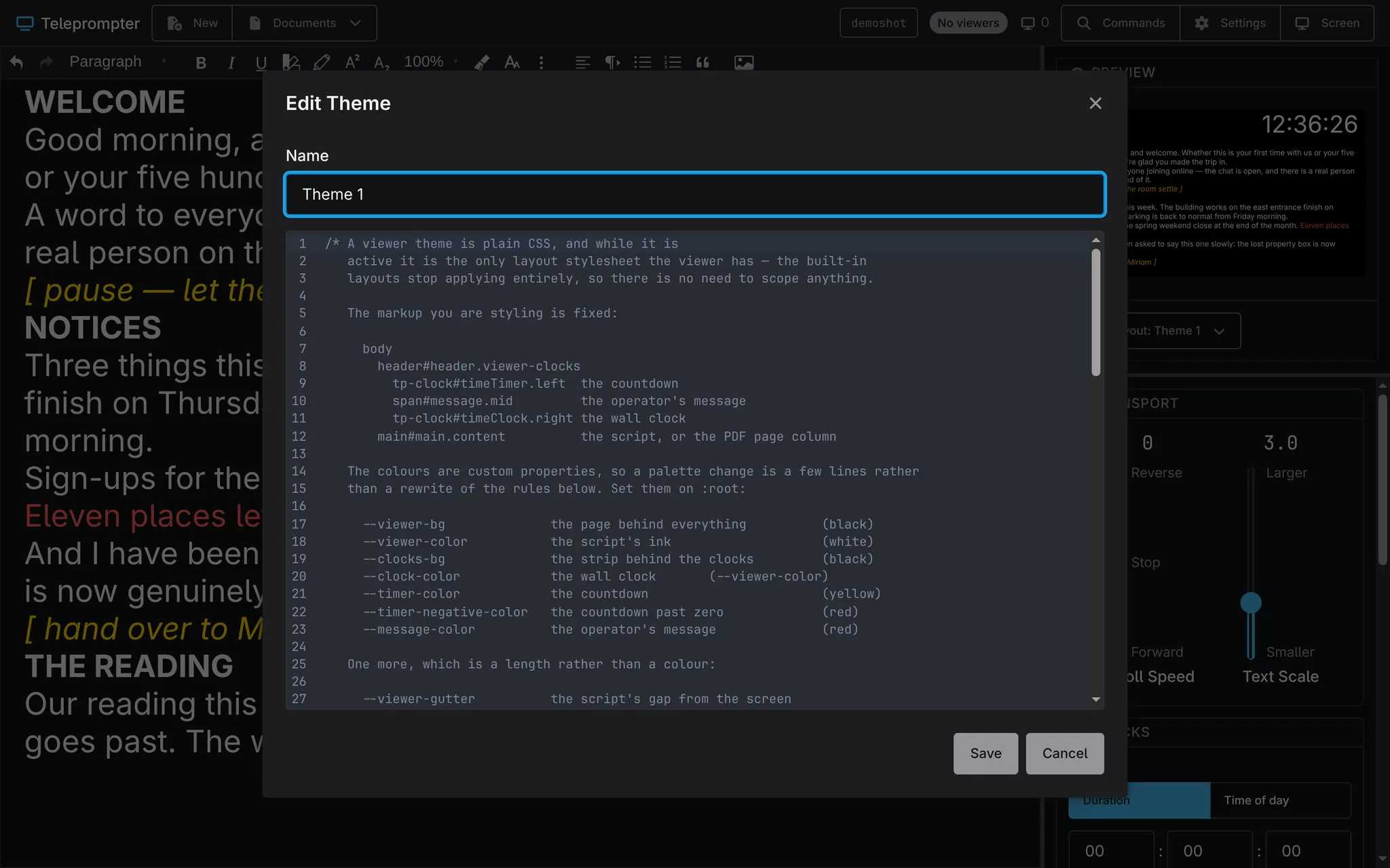 The theme editor dialog showing a commented CSS stylesheet that documents the markup a viewer layout styles and the custom properties it can set.